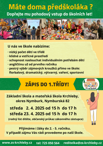 INFORMACE K ZÁPISU ŽÁKŮ DO 1. ROČNÍKU ZŠ PRO ŠKOLNÍ ROK 2025 / 2026
